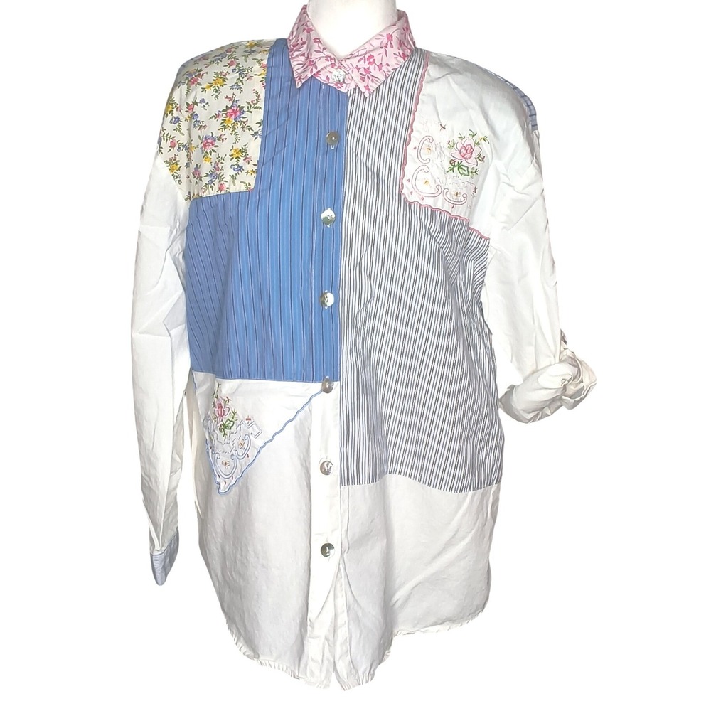 Teddi Button Up Shirt Women XL Multi-color Patchwork Floral Embroidered‎ Vintage
